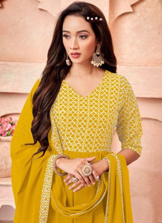 Embroidered Work Georgette Gown In Mustard for Ceremonial
