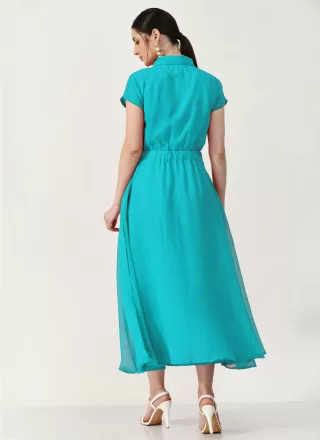 Embroidered Work Georgette Party Wear Kurti In Aqua Blue