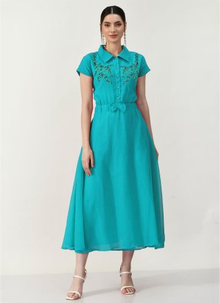 Embroidered Work Georgette Party Wear Kurti In Aqua Blue