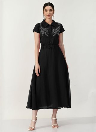 Embroidered Work Georgette Party Wear Kurti In Black