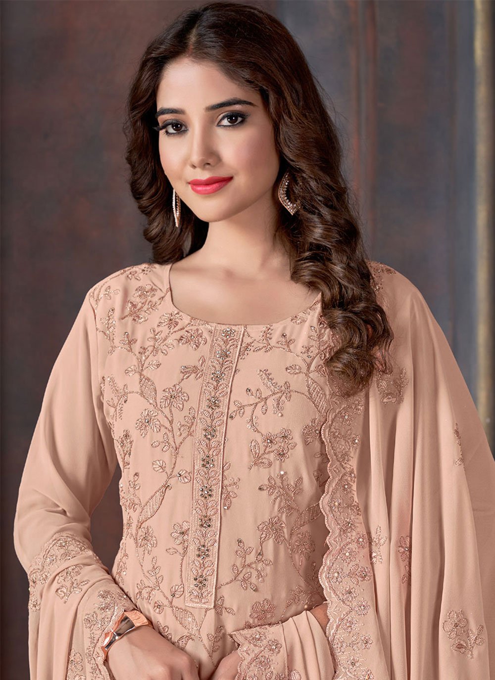 Buy Online Embroidered Work Georgette Salwar Suit In Peach : 280140 -