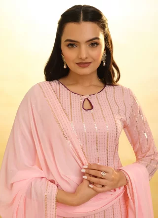 Embroidered Work Georgette Salwar Suit In Pink
