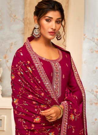 Embroidered Work Georgette Salwar Suit In Rani