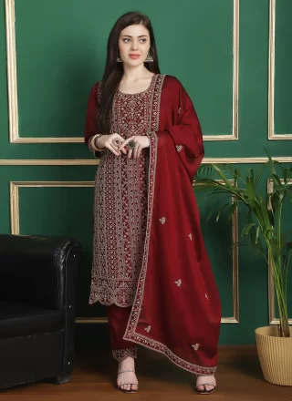 Embroidered Work Georgette Salwar Suit In Red for Ceremonial