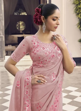 Embroidered Work Georgette Traditional Saree In Pink