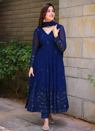 Embroidered Work Georgette Trendy Suit In Blue