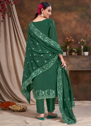 Embroidered Work Jacquard Salwar Suit In Green
