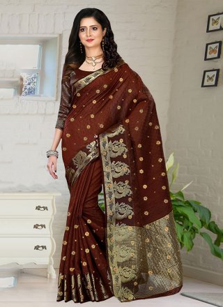 Embroidered Work Kanjivaram Silk Classic Saree In Brown