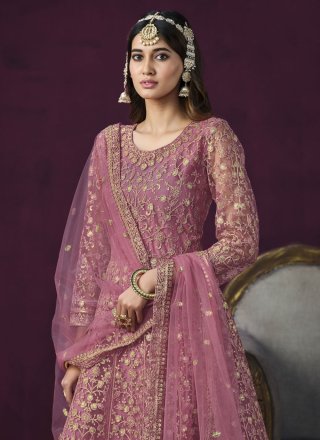 Embroidered Work Net Anarkali Suit In Pink for Ceremonial