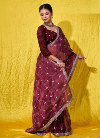 Embroidered Work Net Classic Sari In Maroon