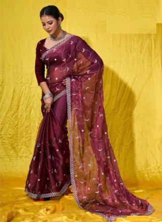 Embroidered Work Net Classic Sari In Maroon