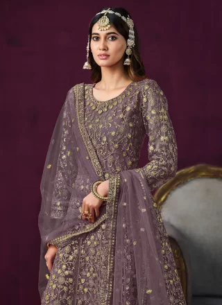 Embroidered Work Net Floor Length Salwar Suit In Purple for Ceremonial