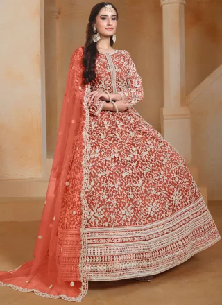 Embroidered Work Net Gown In Pink for Ceremonial