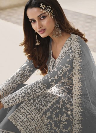 Embroidered Work Net Salwar Suit In Grey for Ceremonial