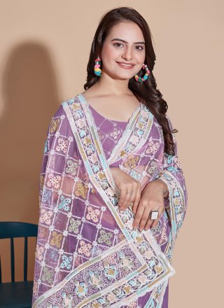 Embroidered Work Net Trendy Saree In Lavender for Casual