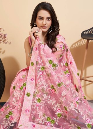 Embroidered Work Net Trendy Saree In Pink