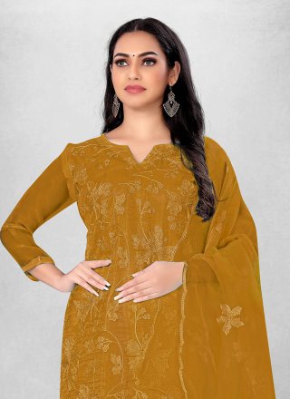 Embroidered Work Organza Churidar Suit In Mustard for Ceremonial