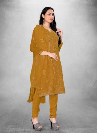 Embroidered Work Organza Churidar Suit In Mustard for Ceremonial