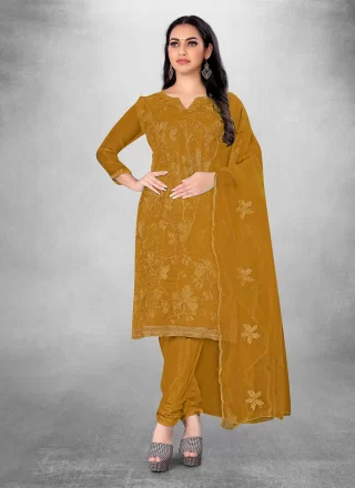 Embroidered Work Organza Churidar Suit In Mustard for Ceremonial