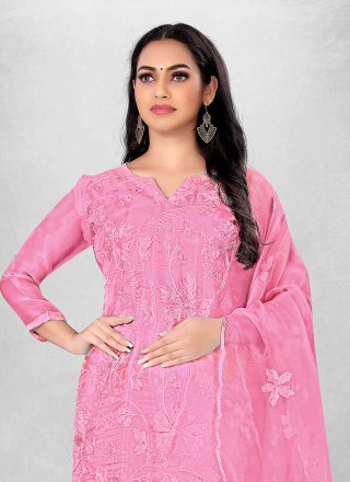 Embroidered Work Organza Churidar Suit In Pink for Ceremonial Embroidered Work Organza Churidar Suit In Pink for Ceremonial