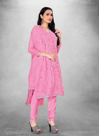 Embroidered Work Organza Churidar Suit In Pink for Ceremonial Embroidered Work Organza Churidar Suit In Pink for Ceremonial