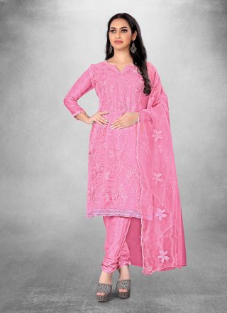 Embroidered Work Organza Churidar Suit In Pink for Ceremonial