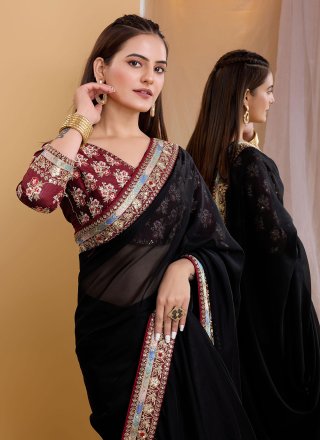 Embroidered Work Organza Designer Sari In Black