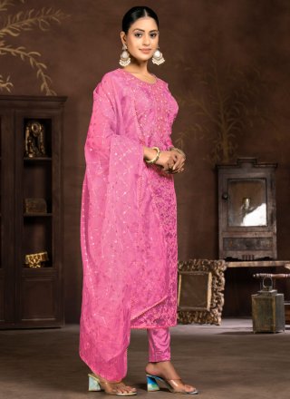 Embroidered Work Organza Pant Style Suit In Pink