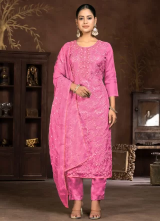Embroidered Work Organza Pant Style Suit In Pink