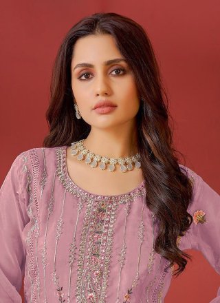 Embroidered Work Organza Pant Style Suit In Pink
