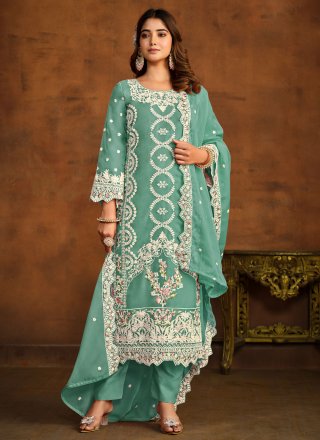 Embroidered Work Organza Pant Style Suit In Sea Green