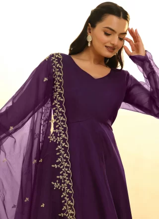Embroidered Work Organza Readymade Salwar Suit In Purple for Ceremonial