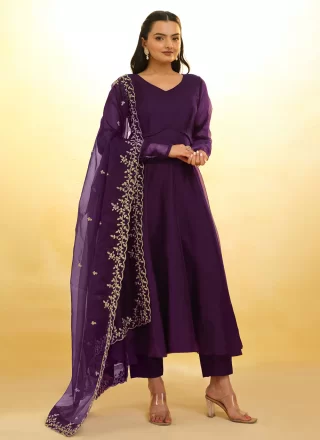 Embroidered Work Organza Readymade Salwar Suit In Purple for Ceremonial