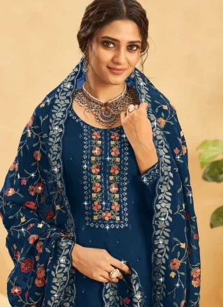 Embroidered Work Organza Salwar Suit In Blue for Ceremonial