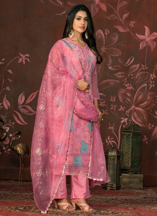 Embroidered Work Organza Salwar Suit In Pink