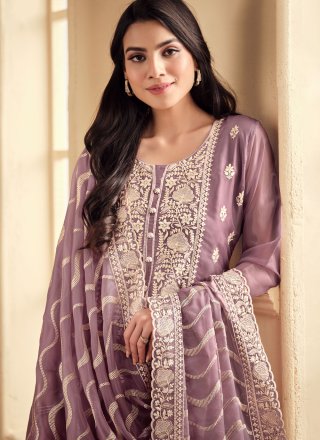 Embroidered Work Organza Salwar Suit In Purple