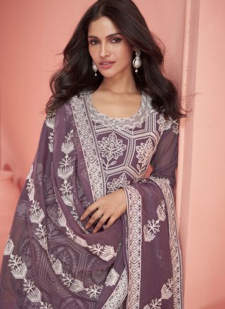 Embroidered Work Organza Salwar Suit In Purple for Ceremonial