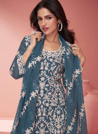Embroidered Work Organza Salwar Suit In Teal
