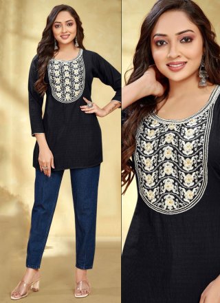 Embroidered Work Rayon Casual Kurti In Black for Casual