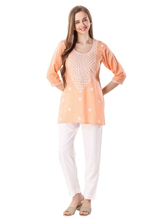 Embroidered Work Rayon Casual Kurti In Peach