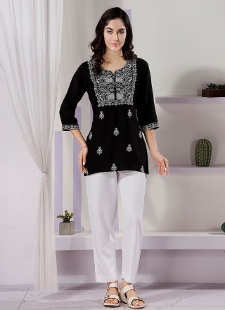 Embroidered Work Rayon Designer Kurti In Black for Casual