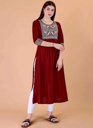 Embroidered Work Rayon Designer Kurti In Red for Casual