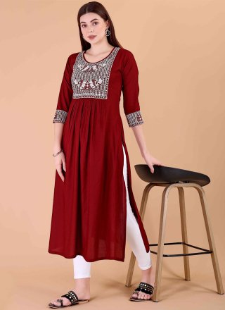 Embroidered Work Rayon Designer Kurti In Red for Casual