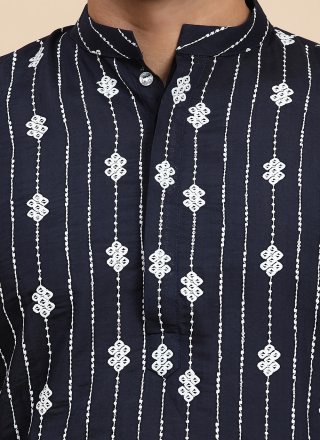 Embroidered Work Rayon Kurta Pyjama In Blue for Casual