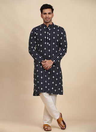Embroidered Work Rayon Kurta Pyjama In Blue for Casual