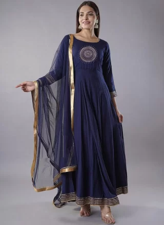 Embroidered Work Rayon Readymade Salwar Suit In Blue for Ceremonial