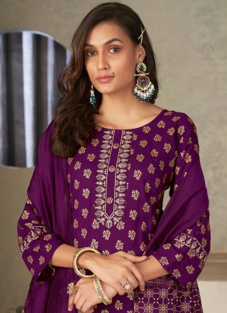 Embroidered Work Rayon Readymade Salwar Suit In Purple