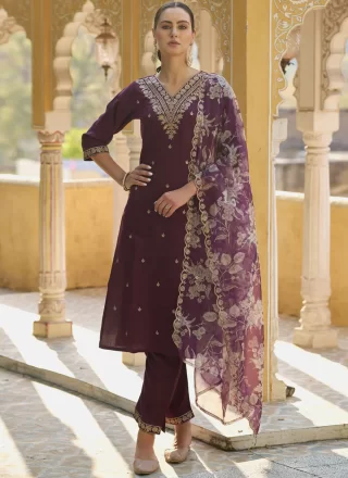 Embroidered Work Rayon Salwar Suit In Wine for Festival
