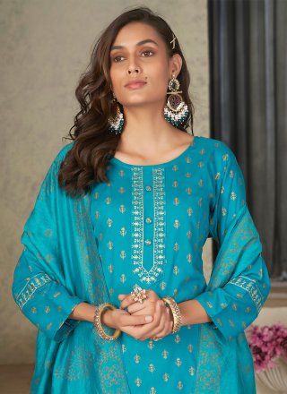 Embroidered Work Rayon Trendy Suit In Aqua Blue for Ceremonial
