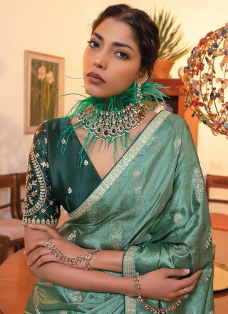 Embroidered Work Satin Classic Sari In Green for Party